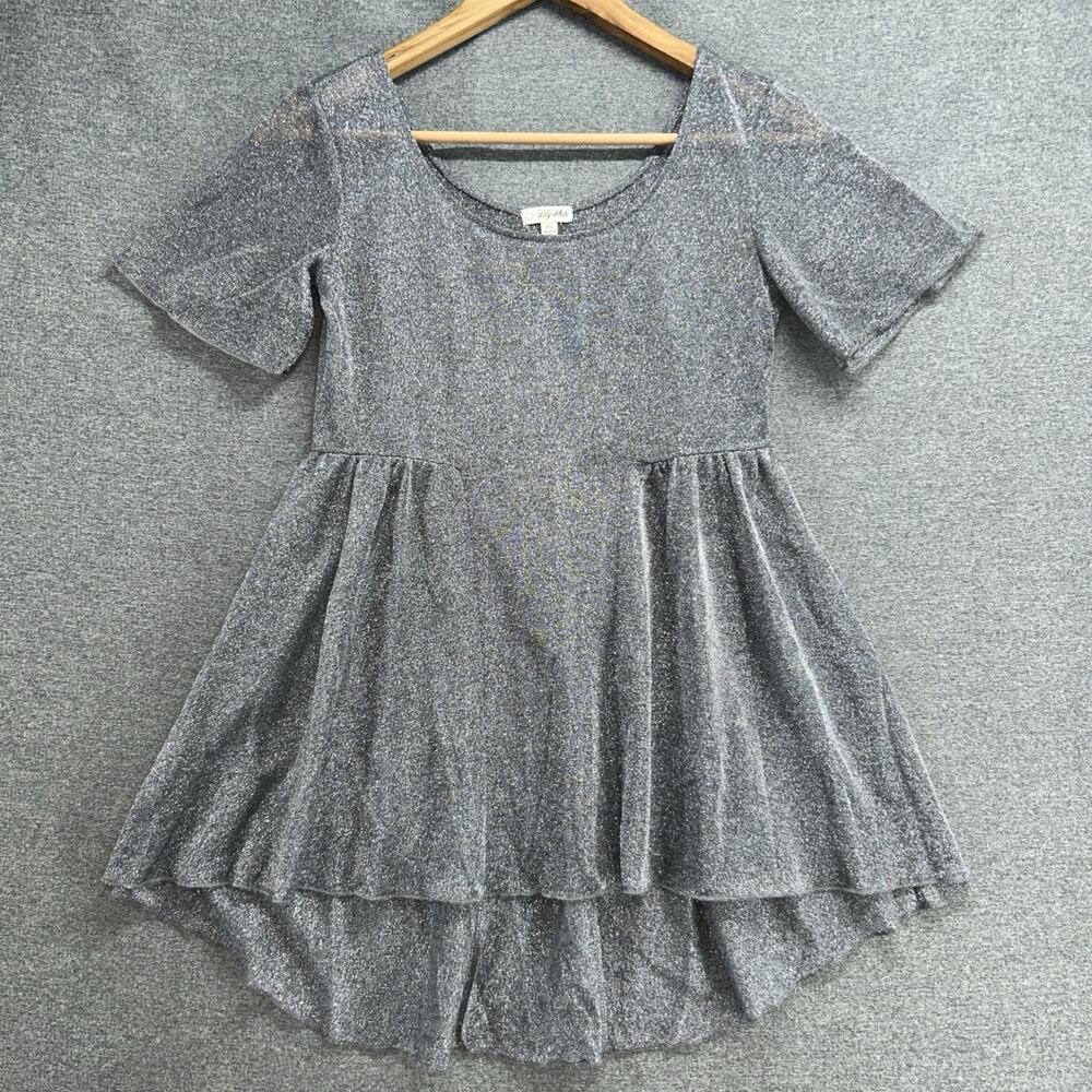 Lily White Babydoll Dress Womens XS Sheer Silver Metallic Short Sleeve Tunic
